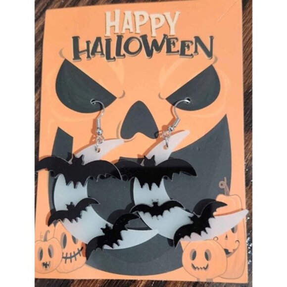 Glow In The Dark Bat and Moon Earrings Dangle Halloween Acrylic Whimsigoth New - Picture 2 of 3